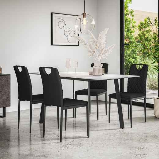 Haydon Extending Dining Table + Chairs - White Marble Effect Table Top w Black Legs + Monza Dining Chair Set of 4/6