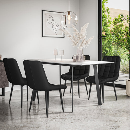 Haydon Extending Dining Table + Chairs- White Marble Effect Table Top w Black Legs + Nova Dining Chair Set of 4/6
