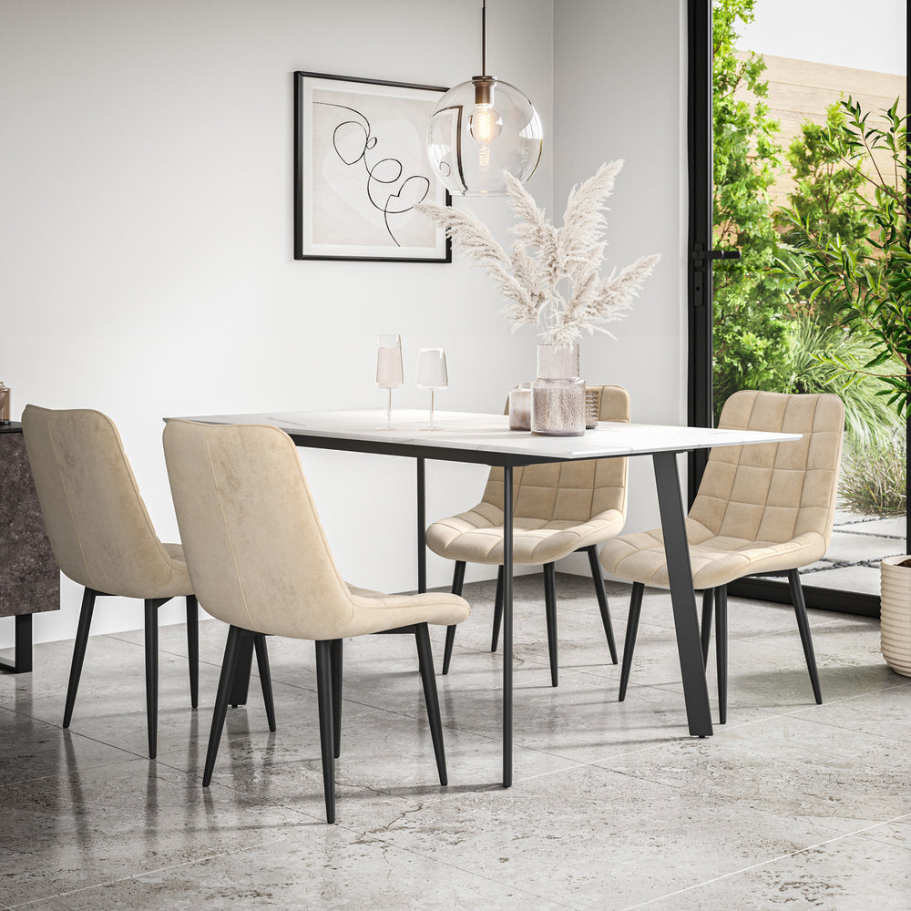 Haydon Extending Dining Table + Chairs- White Marble Effect Table Top w Black Legs + Nova Dining Chair Set of 4/6