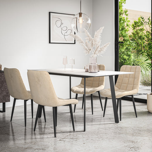 Haydon Extending Dining Table + Chairs- White Marble Effect Table Top w Black Legs + Nova Dining Chair Set of 4/6