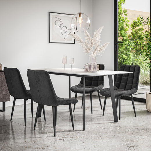 Haydon Extending Dining Table + Chairs- White Marble Effect Table Top w Black Legs + Nova Dining Chair Set of 4/6