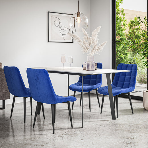 Haydon Extending Dining Table + Chairs- White Marble Effect Table Top w Black Legs + Nova Dining Chair Set of 4/6