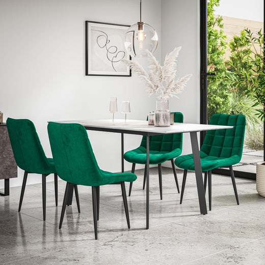 Haydon Extending Dining Table + Chairs- White Marble Effect Table Top w Black Legs + Nova Dining Chair Set of 4/6