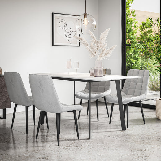 Haydon Extending Dining Table + Chairs- White Marble Effect Table Top w Black Legs + Nova Dining Chair Set of 4/6