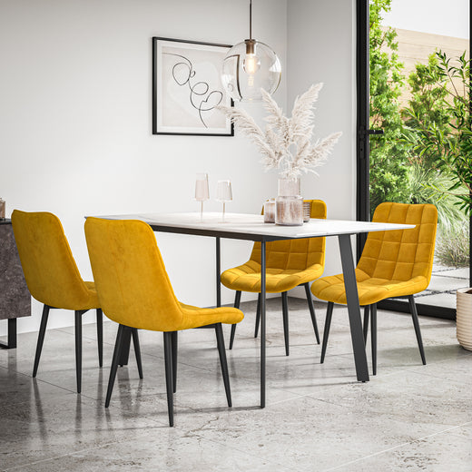 Haydon Extending Dining Table + Chairs- White Marble Effect Table Top w Black Legs + Nova Dining Chair Set of 4/6