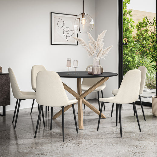 Malvern Round Dining Table And Chairs -  Black Table Top w Solid Oak Legs + Maya Boucle Dining Chair Set of 4/6