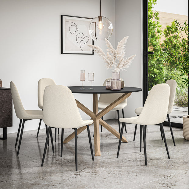 Malvern Round Dining Table And Chairs -  Black Table Top w Solid Oak Legs + Maya Boucle Dining Chair Set of 4/6
