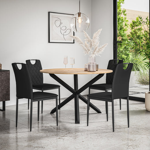 Malvern Round Dining Table And Chairs - Oak Table Top w Solid Oak Black Legs + Monza Dining Chair Set of 4/6