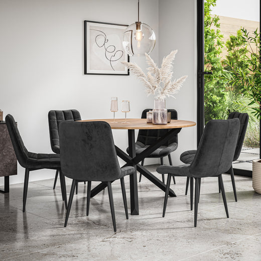 Malvern Round Dining Table And Chairs - Oak Table Top w Solid Oak Black Legs + Nova Dining Chair Set of 4/6