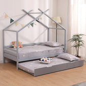 Teddy Kids Wooden House Treehouse Single Bed Frame with Guest Trundle in Grey