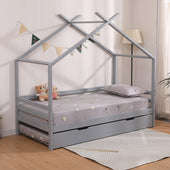Teddy Kids Wooden House Treehouse Single Bed Frame with Guest Trundle in Grey