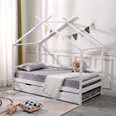 Teddy Kids Wooden House Treehouse Single Bed Frame with Guest Trundle in White