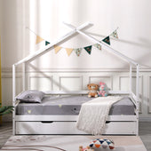 Teddy Kids Wooden House Treehouse Single Bed Frame with Guest Trundle in White