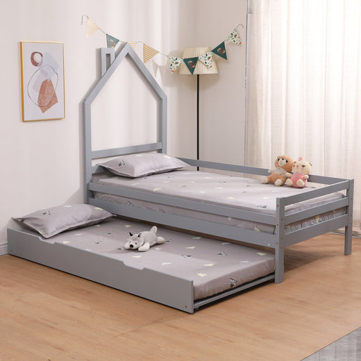 Theo Kids Wooden House Style Single Bed Frame with Guest Trundle in Grey