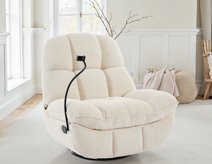 NEW Chicago: Boucle Swivel Rocker Recliner with Phone Holder