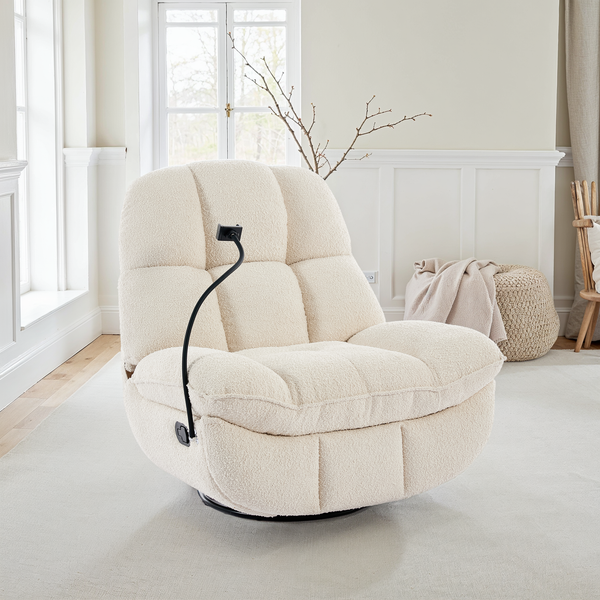 NEW Chicago: Boucle Swivel Rocker Recliner with Phone Holder