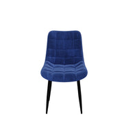 Blue velvet chair with black metal legs, quilted cushioned seat and backrest, set against a plain white background.