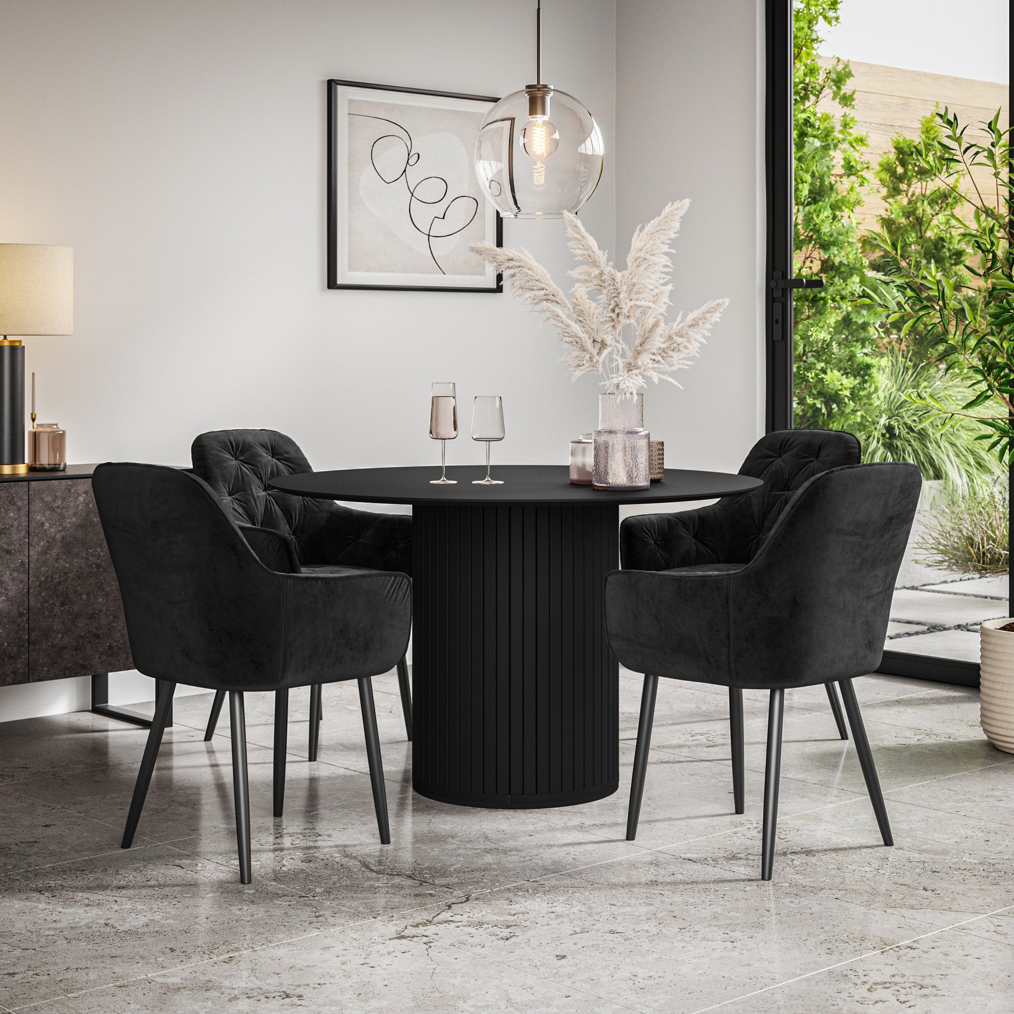 Arlo Black Tabletop W Black Legs + Anika Velvet Dining Chair Set