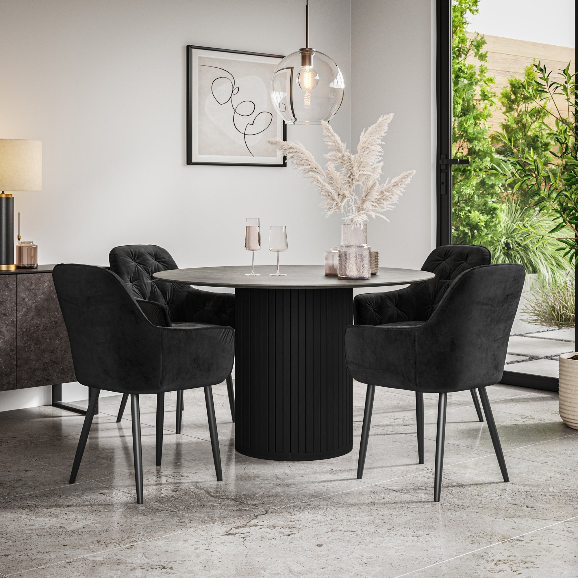 Arlo Concrete Tabletop W Black Legs + Anika Velvet Dining Chair Set