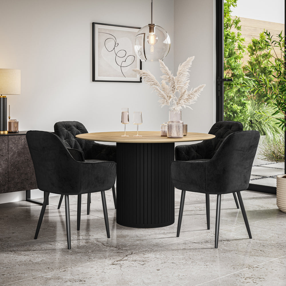 Arlo Oak Tabletop W Black Legs + Anika Velvet Dining Chair Set