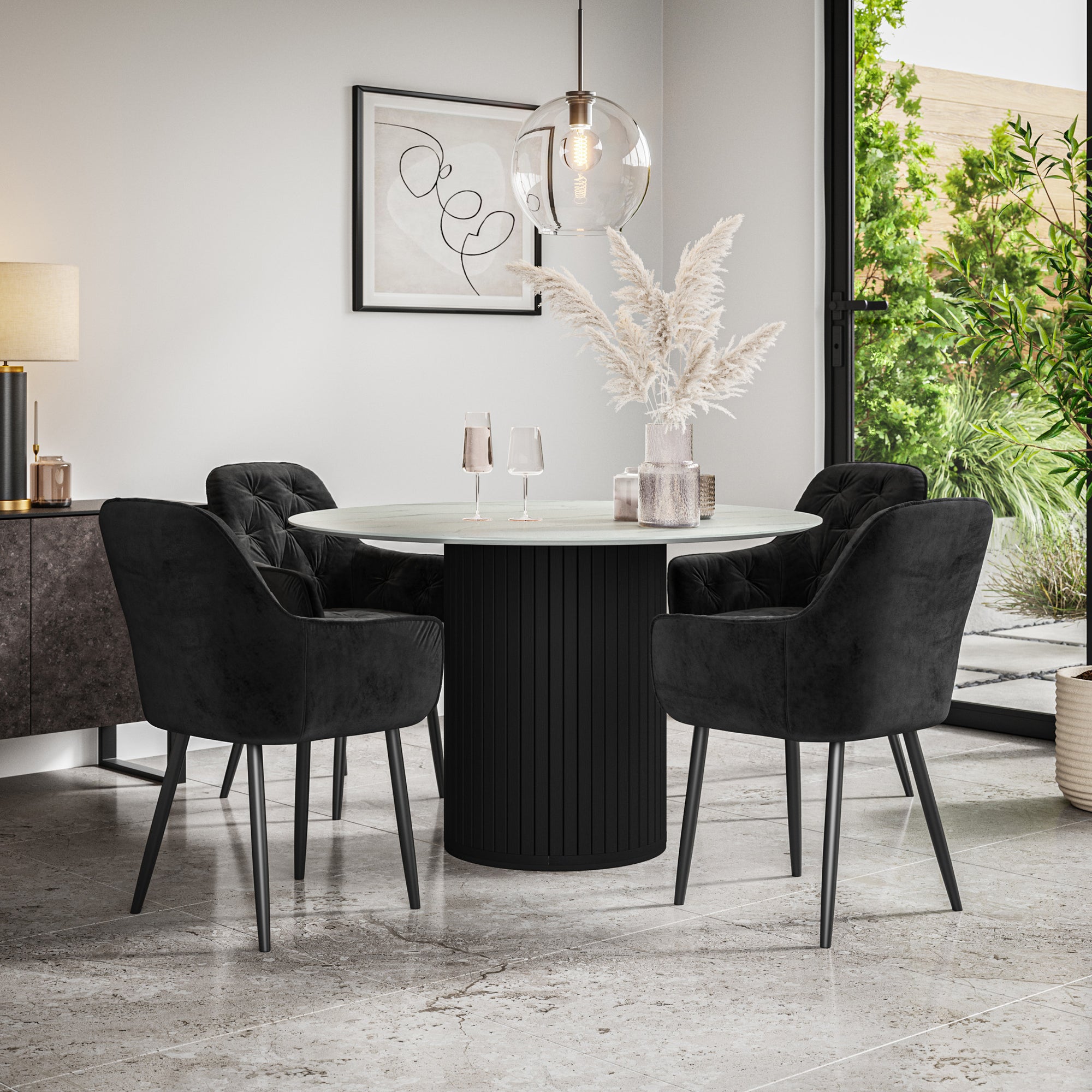 Arlo White Marble Tabletop W Black Legs + Anika Velvet Dining Chair Set