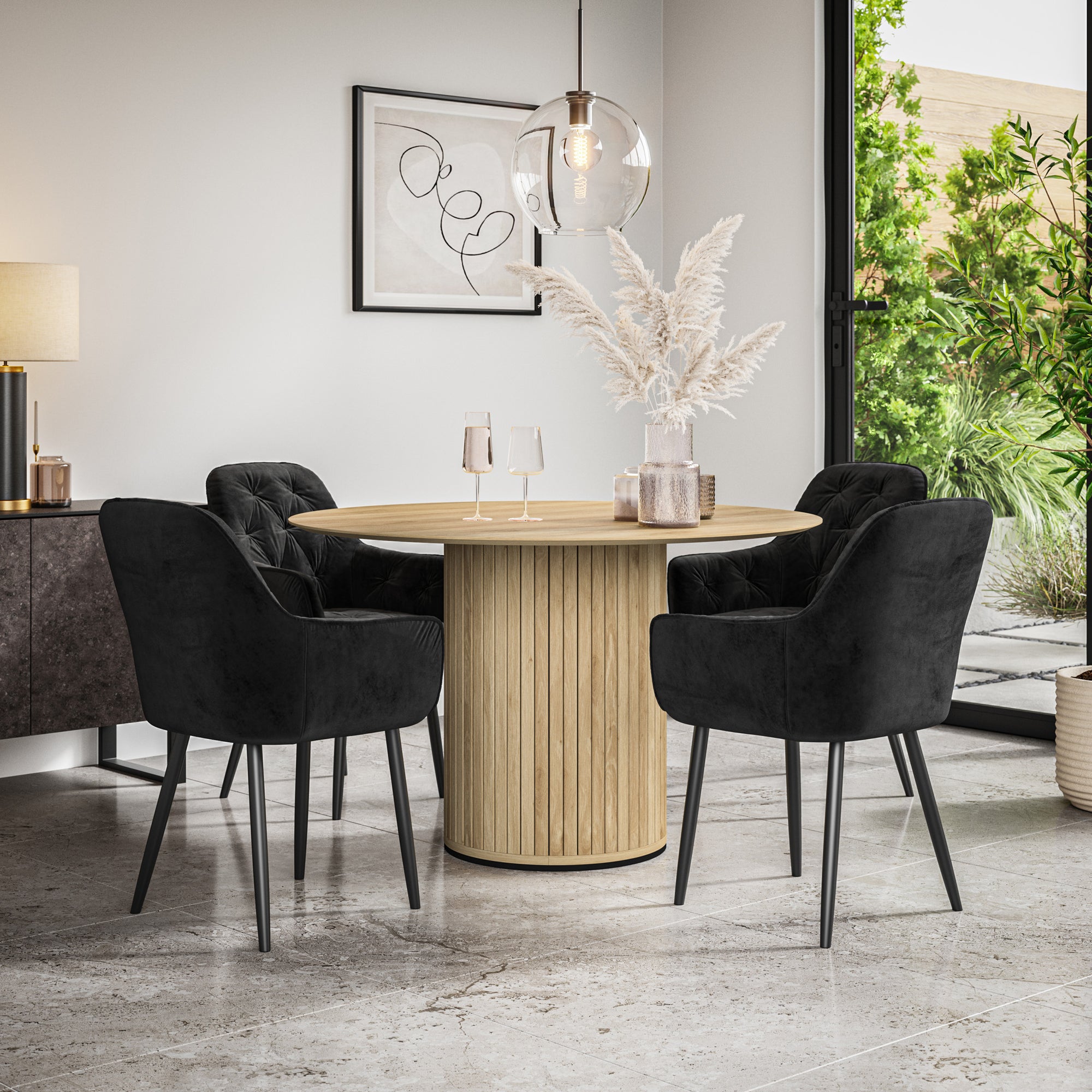 Arlo Oak Tabletop W Oak Legs + Anika Velvet Dining Chair Set