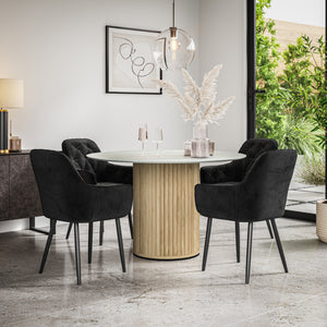 Arlo White Marble Table W Oak Legs + Anika Velvet Dining Chair Set
