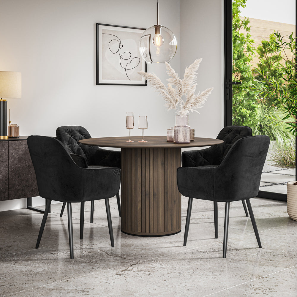 Arlo Walnut Tabletop W Walnut Legs + Anika Velvet Dining Chair Set