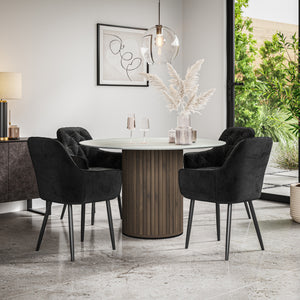 Arlo White Marble Table Top W Walnut Legs + Anika Velvet Dining Chair Set