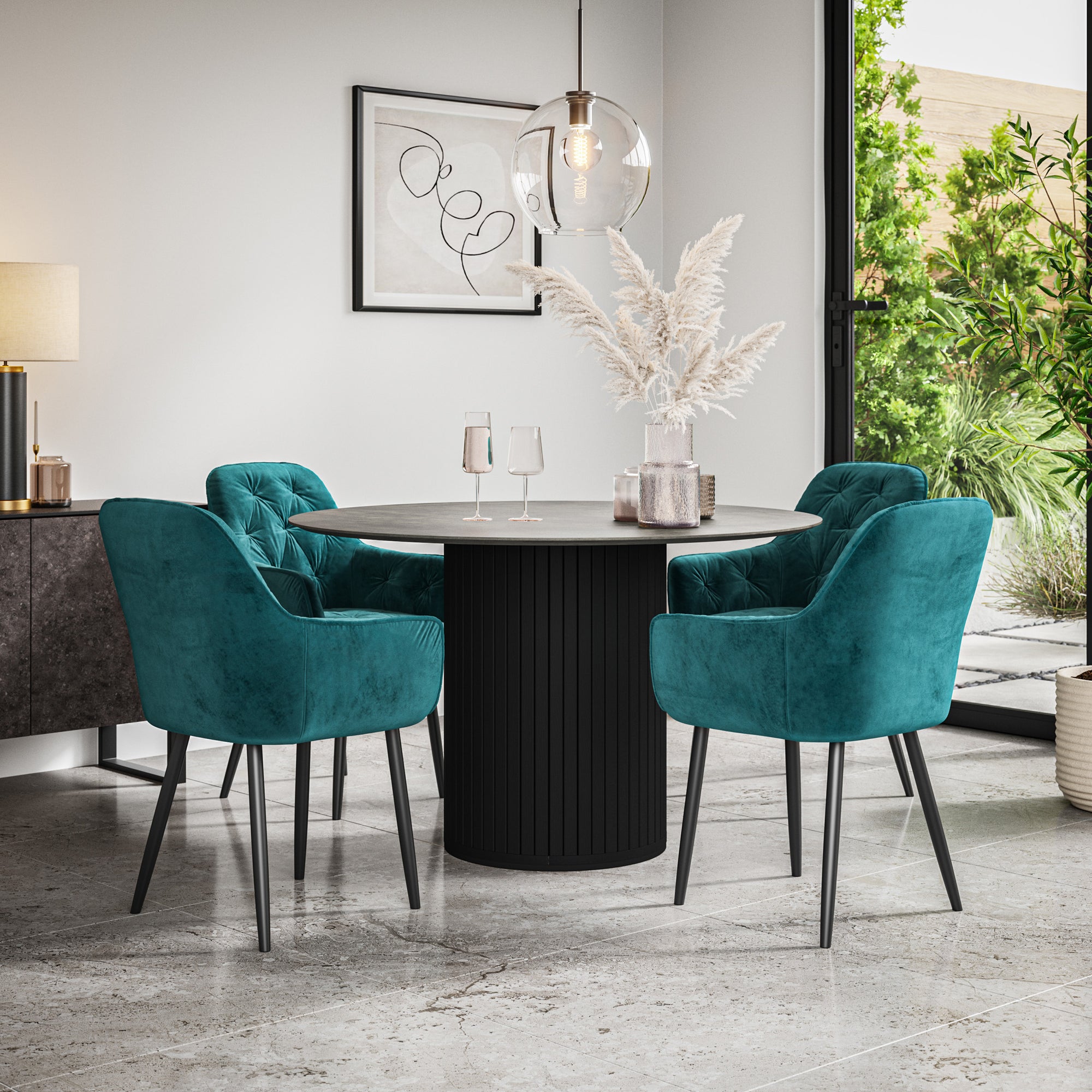 Arlo Concrete Tabletop W Black Legs + Anika Velvet Dining Chair Set