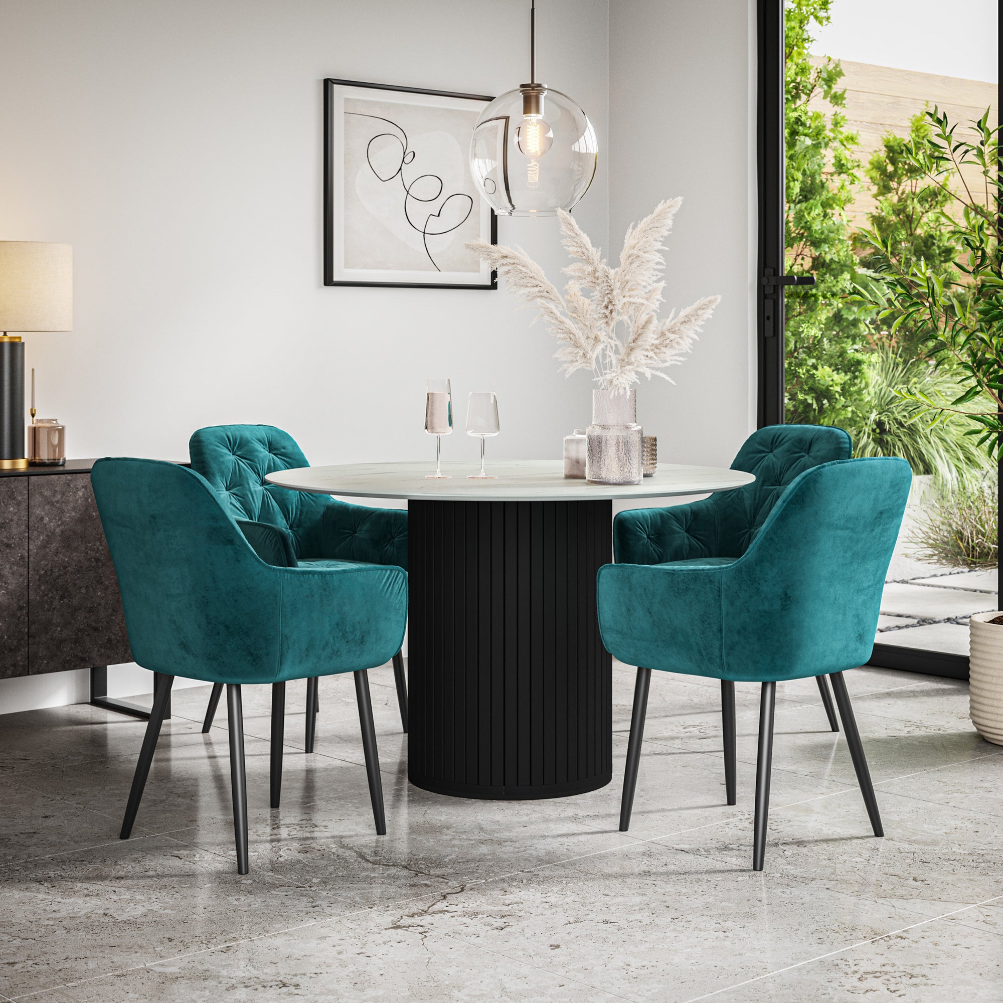 Arlo White Marble Tabletop W Black Legs + Anika Velvet Dining Chair Set