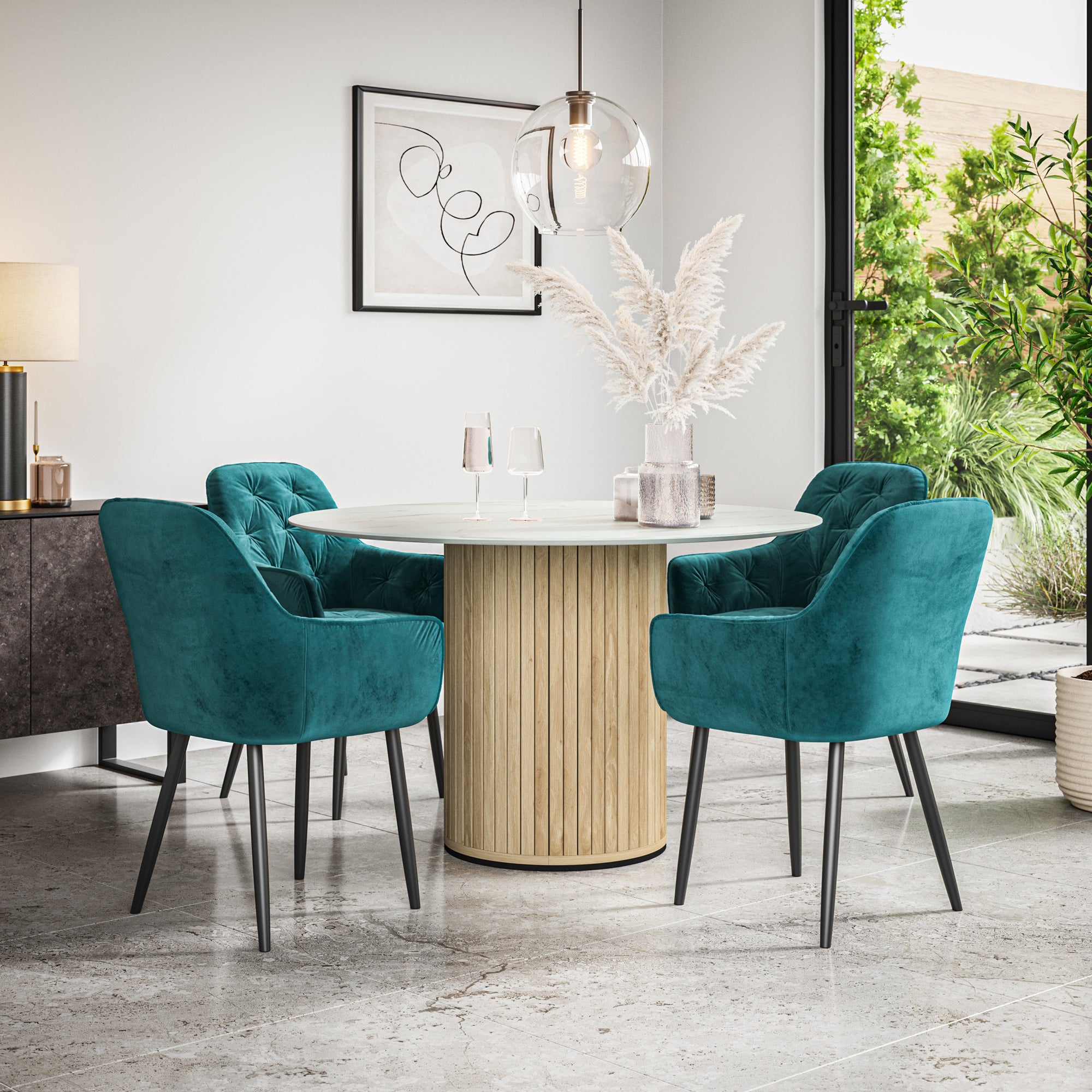 Arlo White Marble Table W Oak Legs + Anika Velvet Dining Chair Set