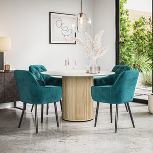 Arlo White Marble Table W Oak Legs + Anika Velvet Dining Chair Set