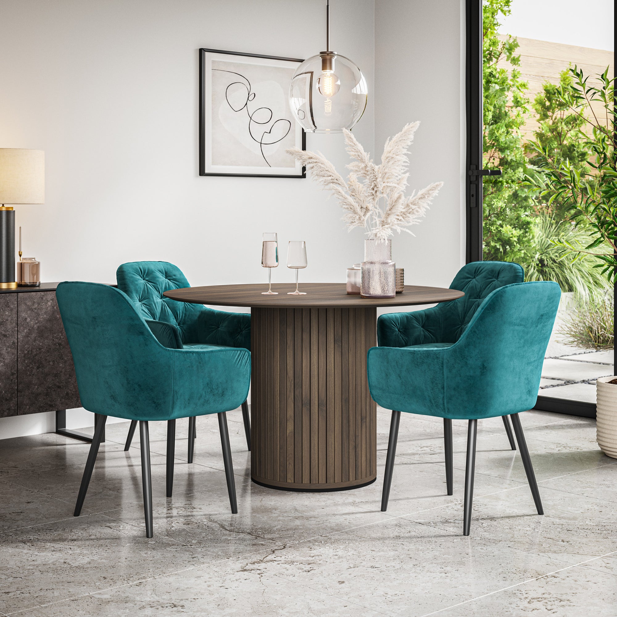 Arlo Walnut Tabletop W Walnut Legs + Anika Velvet Dining Chair Set