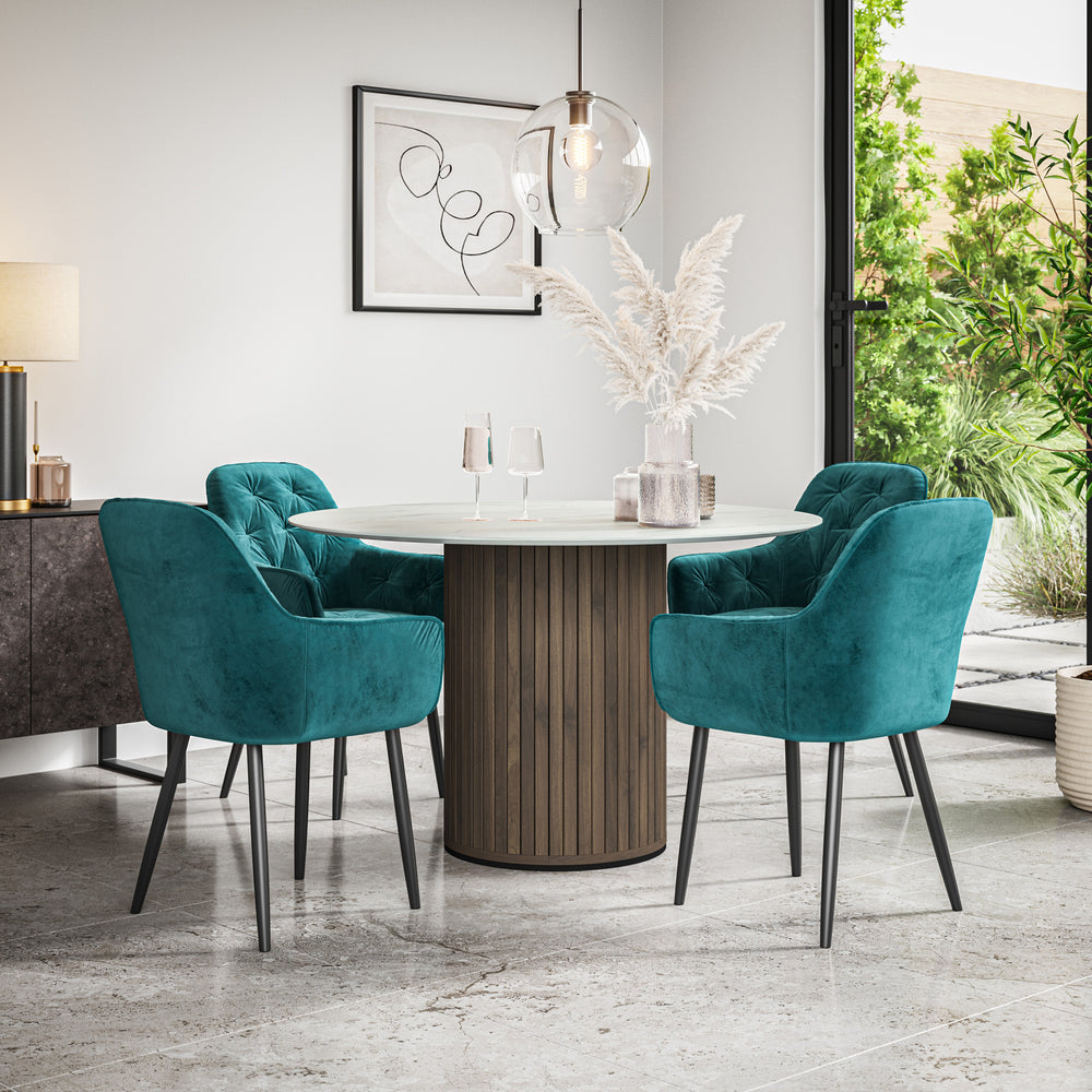 Arlo White Marble Table Top W Walnut Legs + Anika Velvet Dining Chair Set