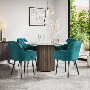 Arlo White Marble Table Top W Walnut Legs + Anika Velvet Dining Chair Set