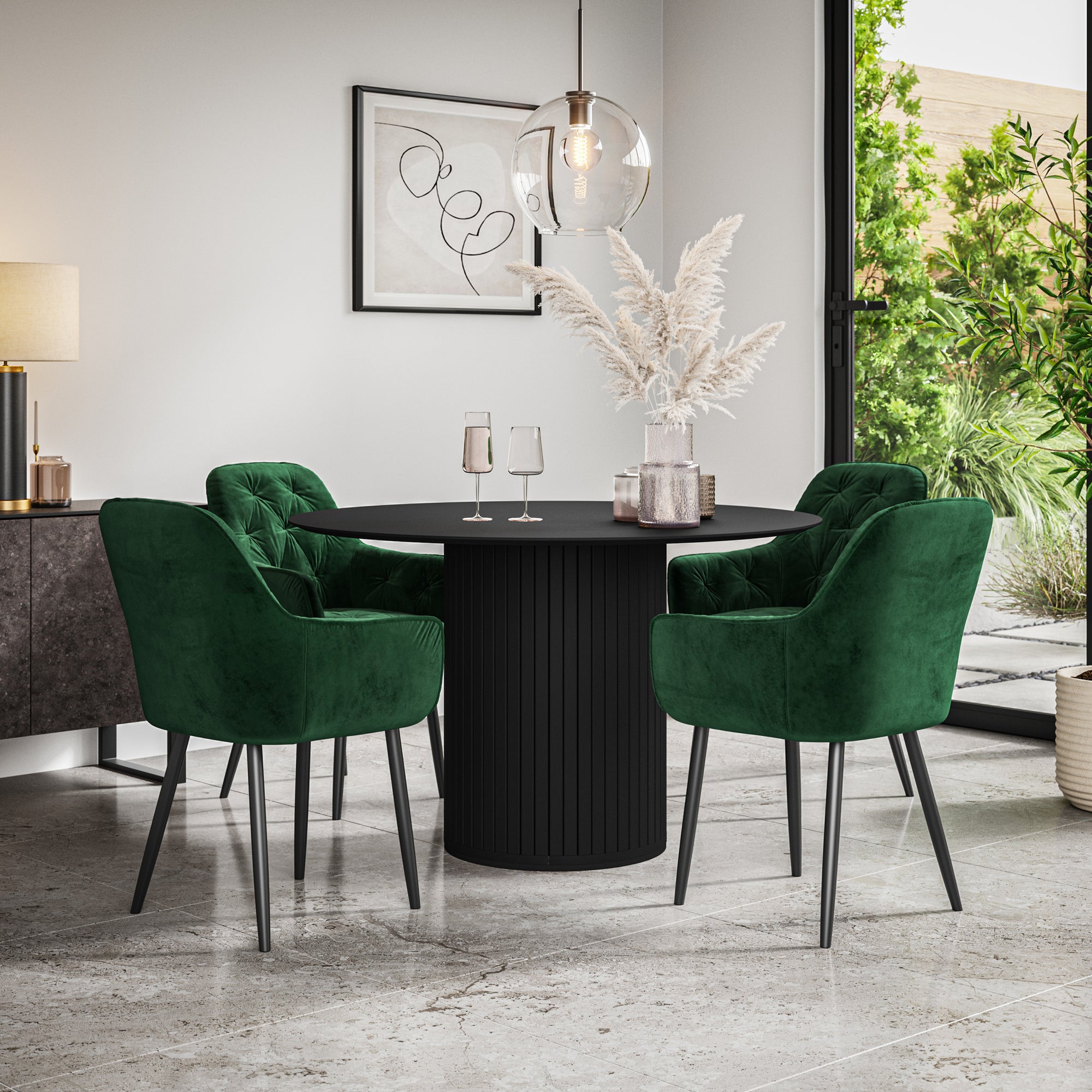 Arlo Black Tabletop W Black Legs + Anika Velvet Dining Chair Set