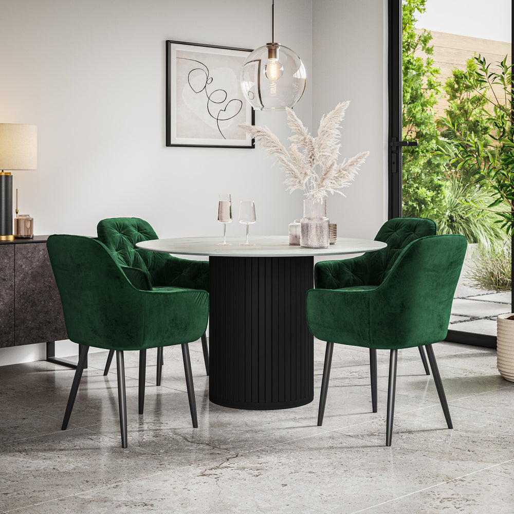 Arlo White Marble Tabletop W Black Legs + Anika Velvet Dining Chair Set