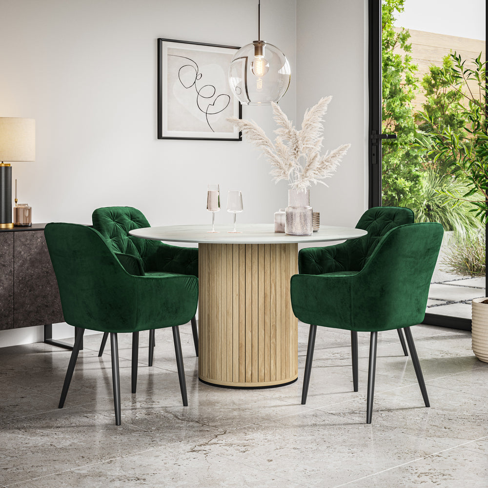 Arlo White Marble Table W Oak Legs + Anika Velvet Dining Chair Set