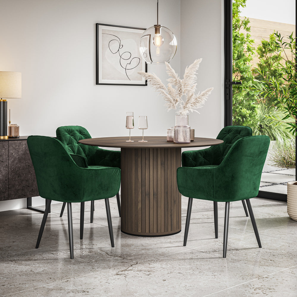 Arlo Walnut Tabletop W Walnut Legs + Anika Velvet Dining Chair Set