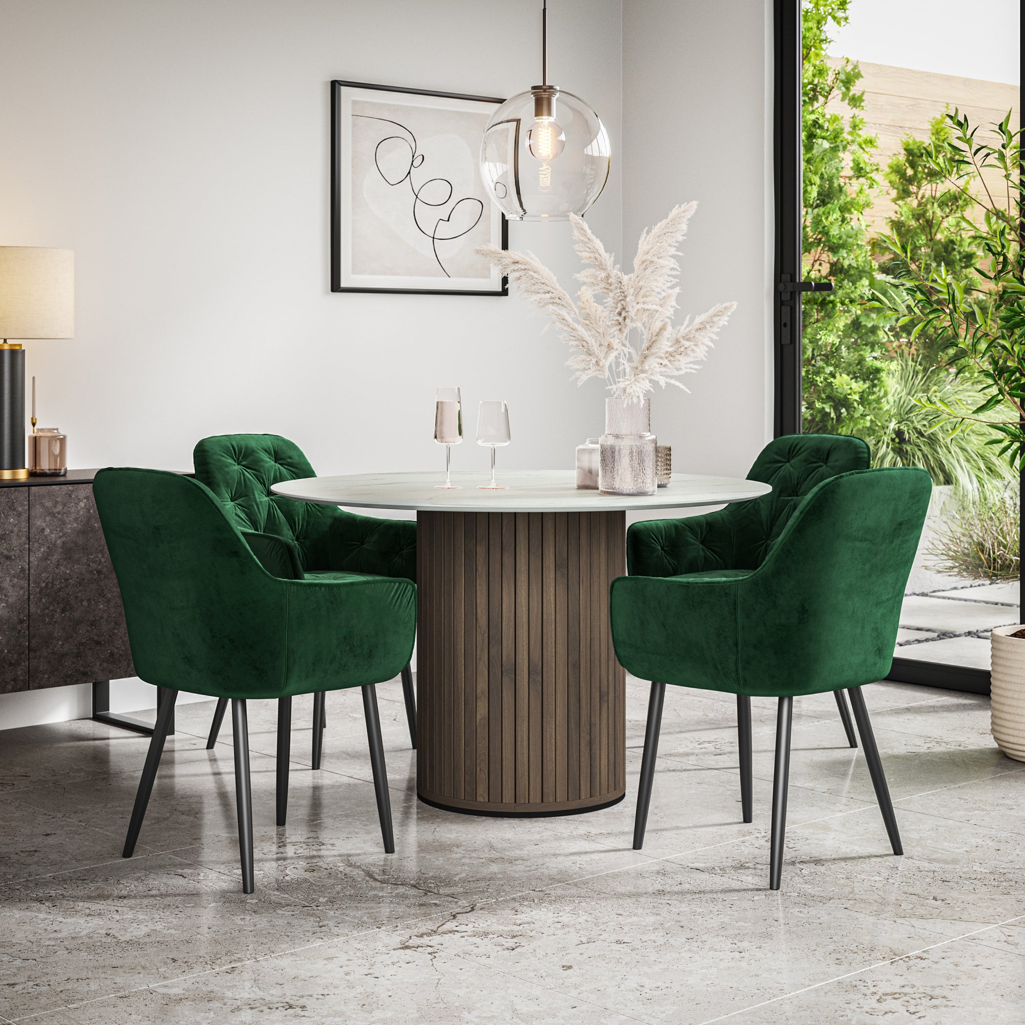 Arlo White Marble Table Top W Walnut Legs + Anika Velvet Dining Chair Set