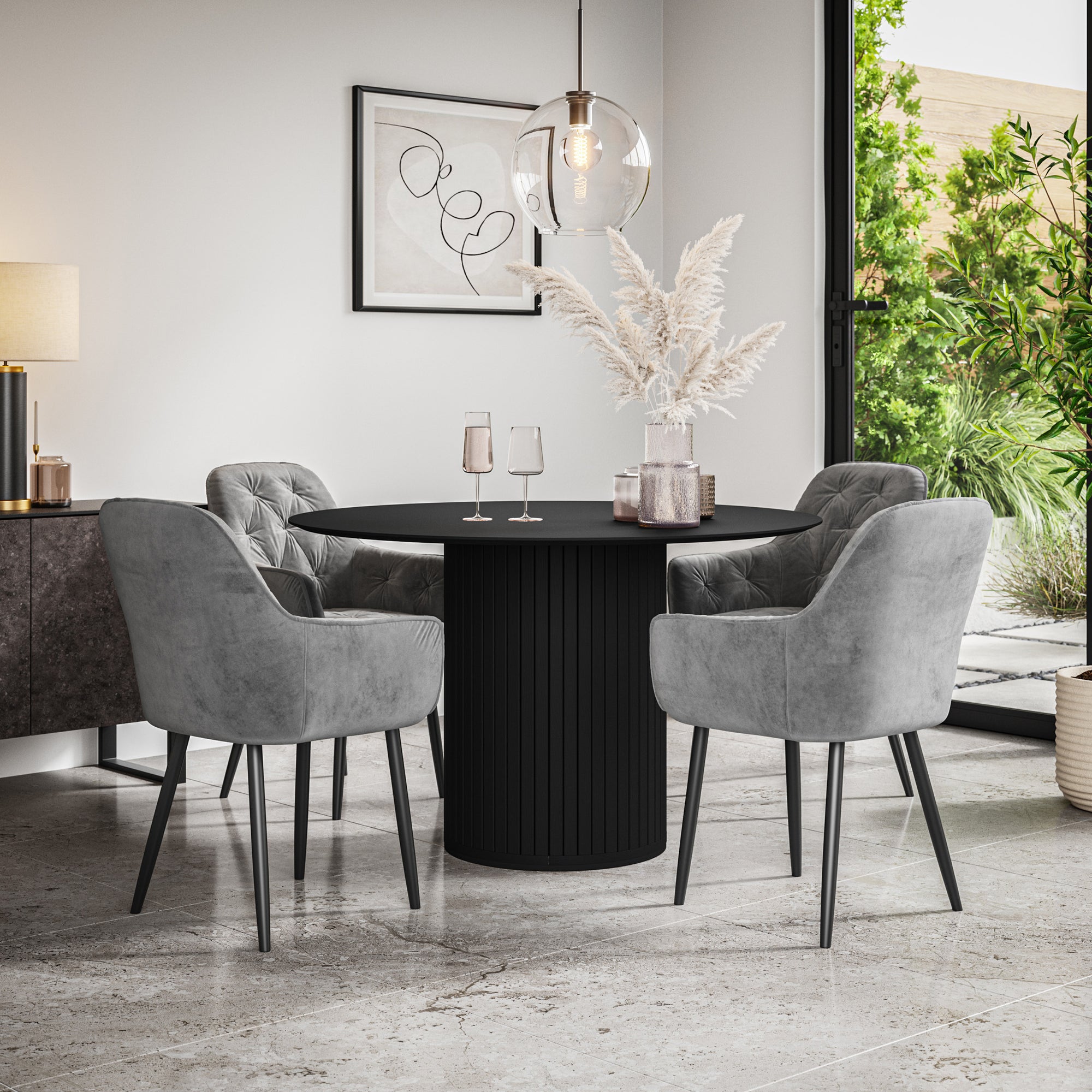 Arlo Black Tabletop W Black Legs + Anika Velvet Dining Chair Set