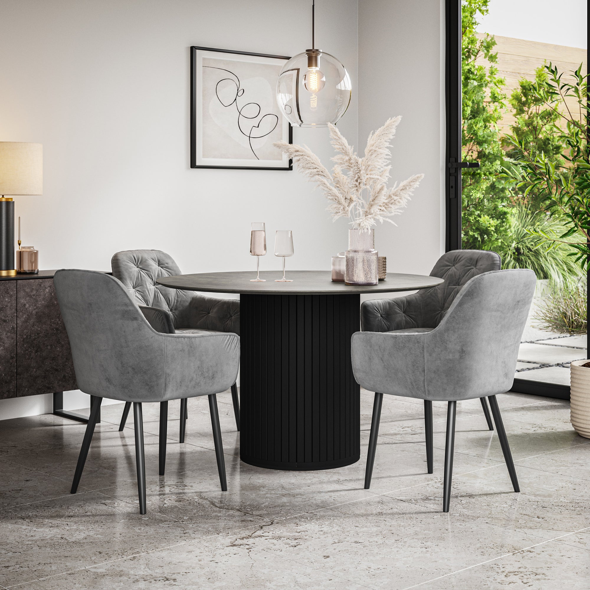 Arlo Concrete Tabletop W Black Legs + Anika Velvet Dining Chair Set