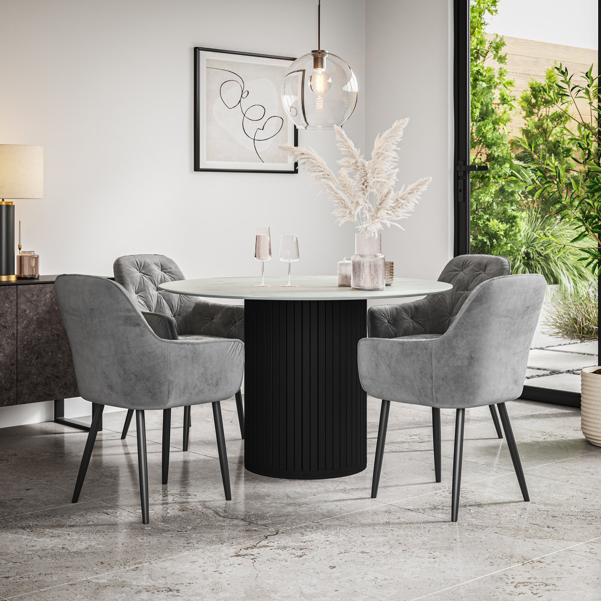 Arlo White Marble Tabletop W Black Legs + Anika Velvet Dining Chair Set