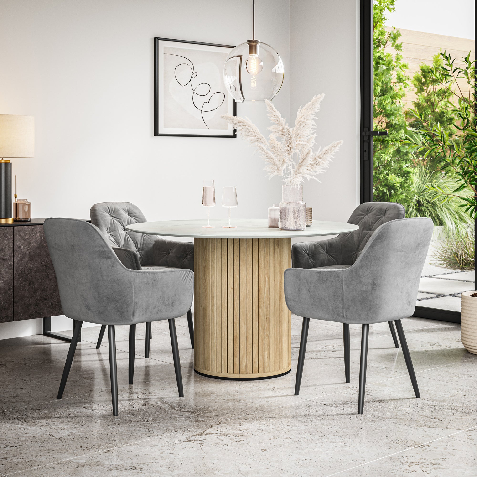 Arlo White Marble Table W Oak Legs + Anika Velvet Dining Chair Set