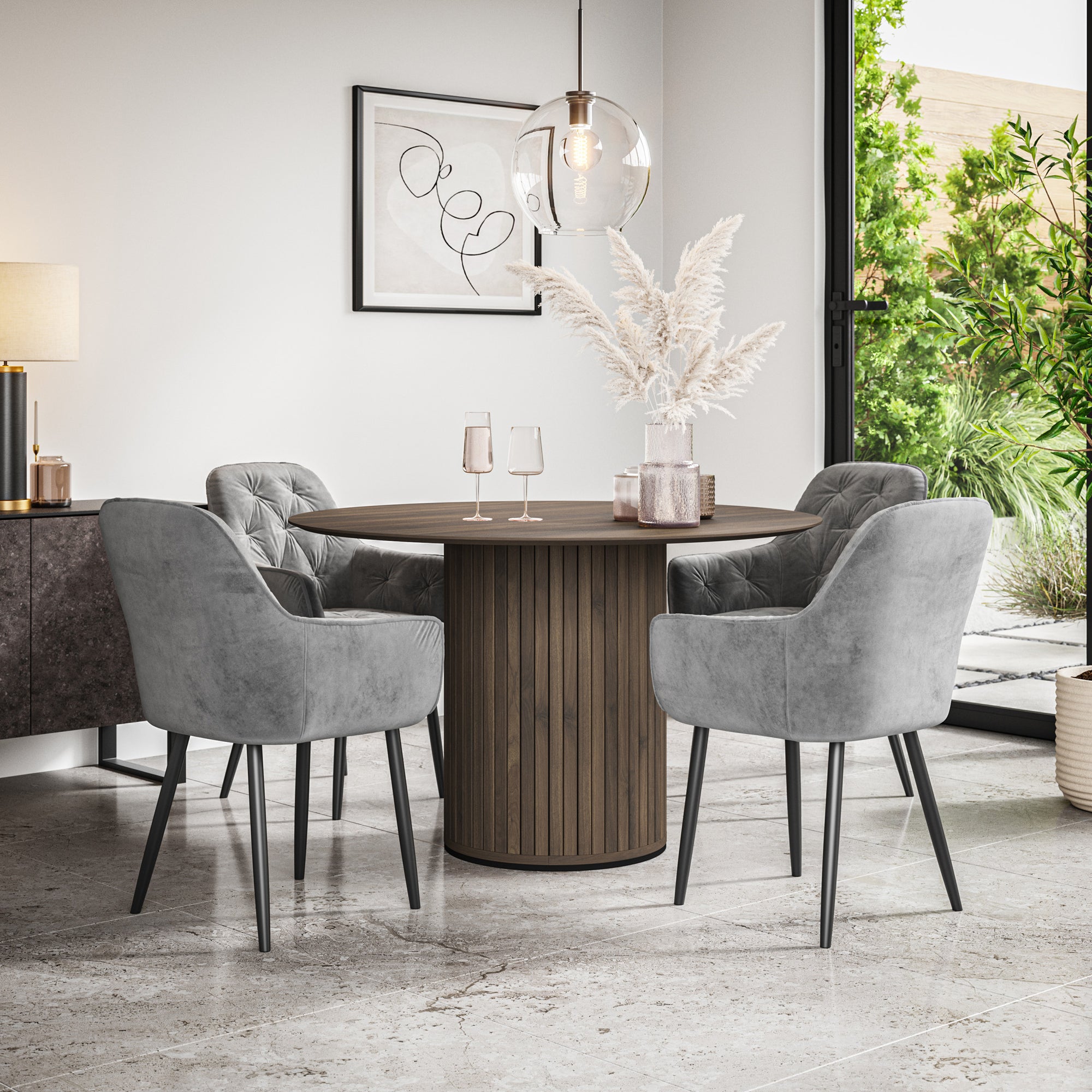 Arlo Walnut Tabletop W Walnut Legs + Anika Velvet Dining Chair Set