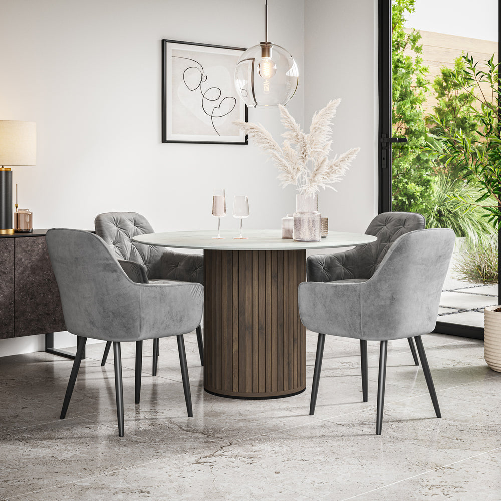 Arlo White Marble Table Top W Walnut Legs + Anika Velvet Dining Chair Set