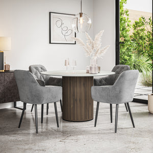 Arlo White Marble Table Top W Walnut Legs + Anika Velvet Dining Chair Set