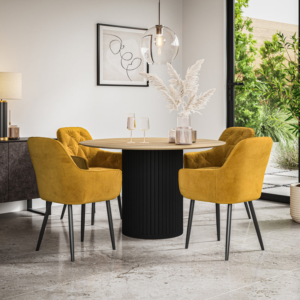 Arlo Oak Tabletop W Black Legs + Anika Velvet Dining Chair Set