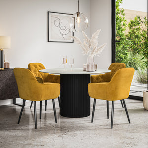 Arlo White Marble Tabletop W Black Legs + Anika Velvet Dining Chair Set